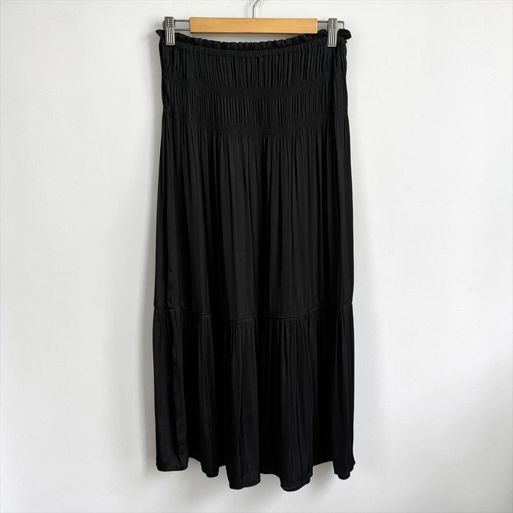 Maison d'Amelie Skirt Women's Small Black Satin Smocked Tiered Boho Maxi Classic